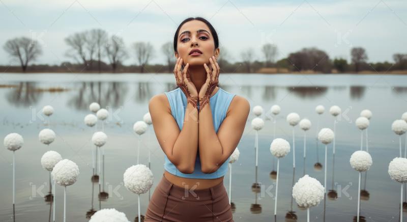 Elegant Woman with Henna Hands Amidst Serene Water and Ornaments