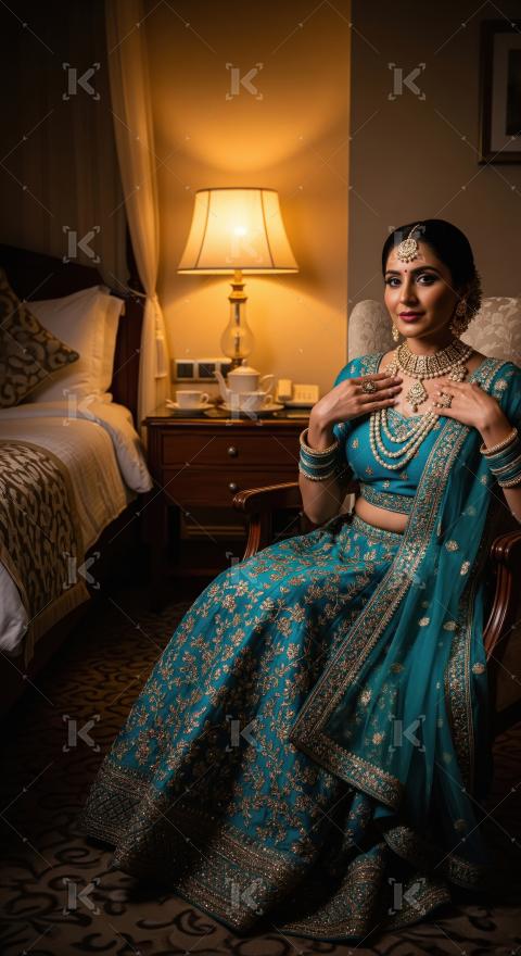Elegant Indian Bride in Teal Lehenga with Ornate Gold Jewelry
