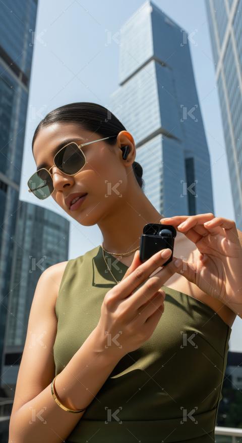 Stylish woman with wireless earbuds in urban setting