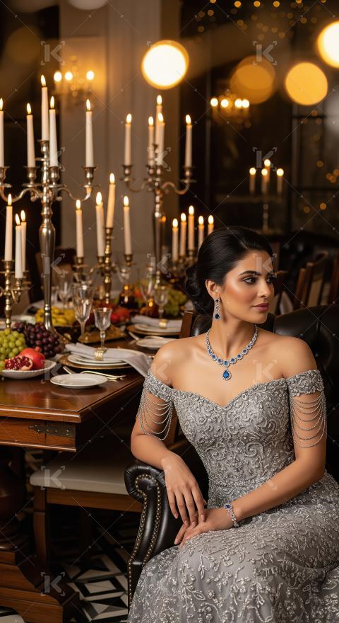 Elegant Woman in Sapphire Jewelry at Luxurious Candlelit Dinner