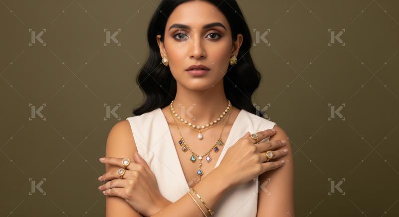 Elegant Woman Showcasing Gold, Pearl, and Gemstone Jewelry