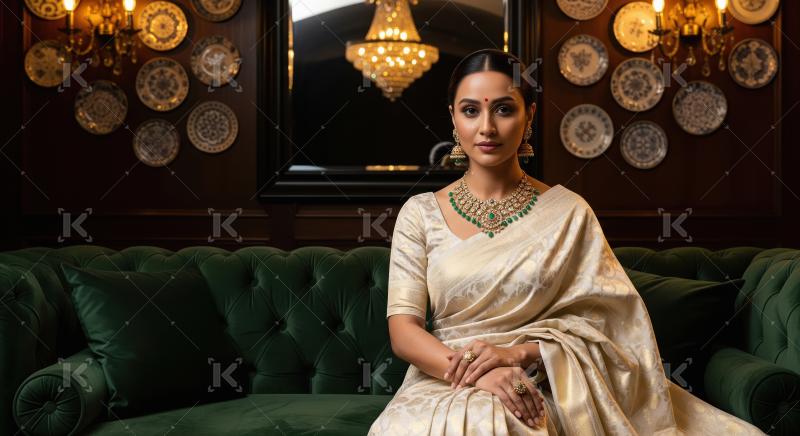 Elegant Indian Woman Adorned in Traditional Silk Saree and Grand