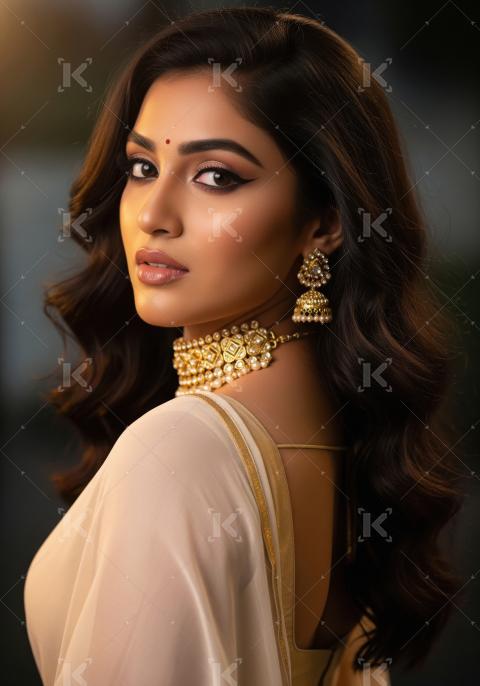 Elegant Indian Woman Adorned in Traditional Gold Jewelry and Sar