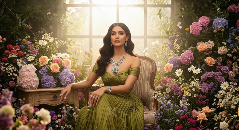 Elegant Woman Adorned in Emeralds Amidst a Dreamy Floral Garden