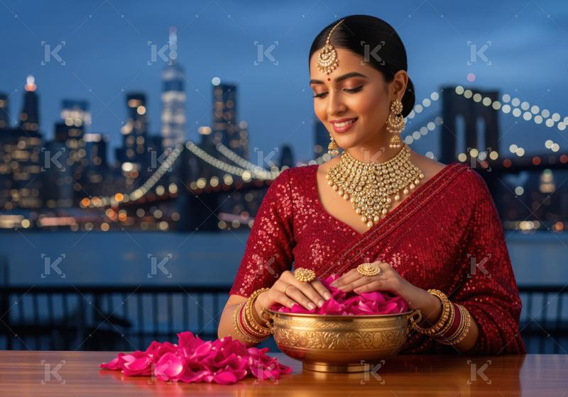 Beautiful Indian Woman with Rose Petals and City Skyline