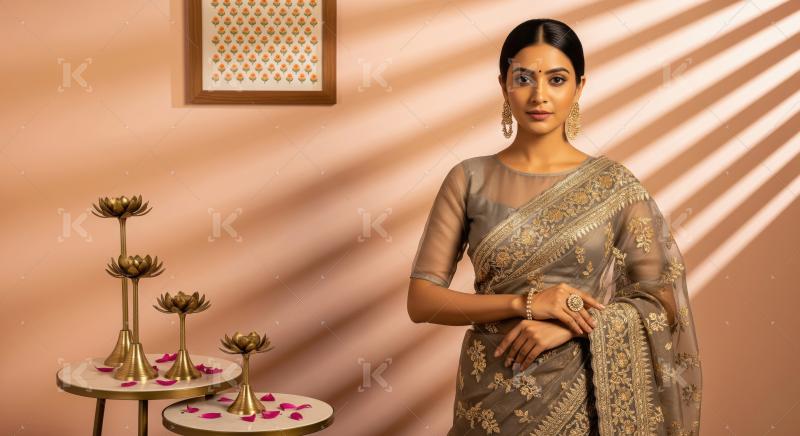 Elegant Indian Woman in Embroidered Saree with Traditional Jewel