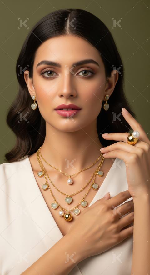 Elegant Woman Adorns Gold Layered Necklace and Pearl Jewelry