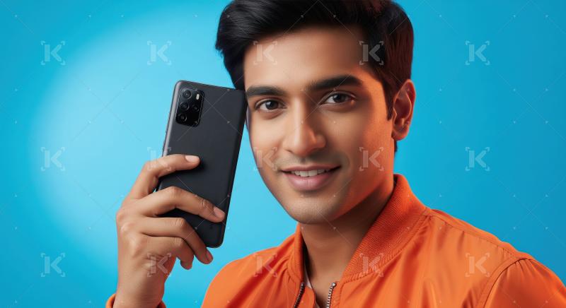Smiling Young Man with Smartphone Against Blue Background