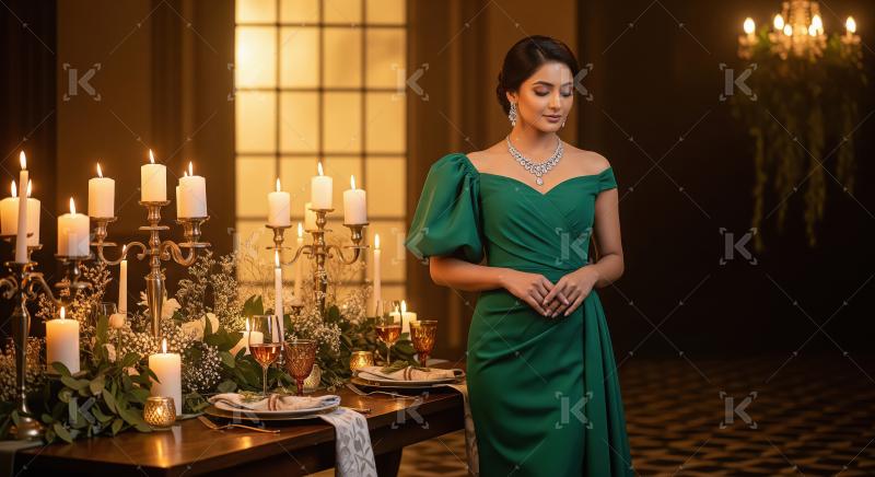 Elegant Woman in Green Dress at Candlelit Dinner Party