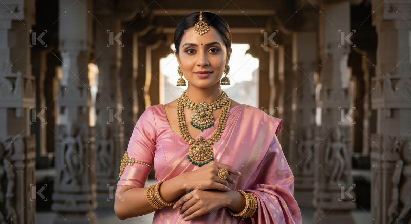 Beautiful Indian Woman Adorned in Traditional Jewelry and Pink S