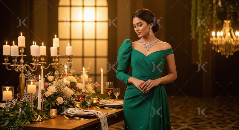 Elegant Woman in Green Dress at Luxurious Dinner Setting
