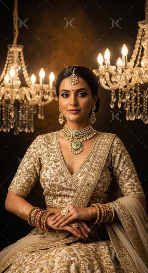 Indian Bride Adorned in Traditional Gold Lehenga and Exquisite J