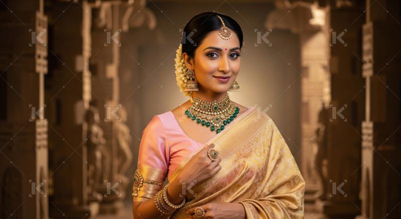 Beautiful Indian Woman in Golden Saree and Traditional Jewelry