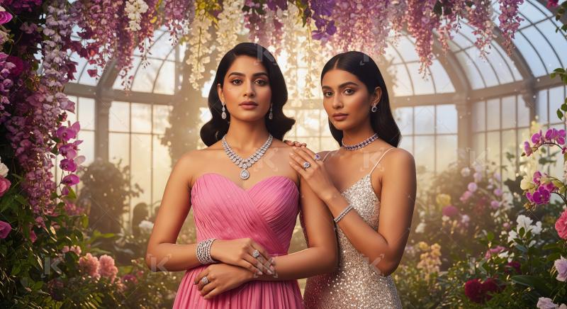 Elegant South Asian Women in Luxury Jewelry within Floral Greenh