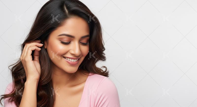 Beautiful Indian Woman Smiling Gently, Touching Her Wavy Hair