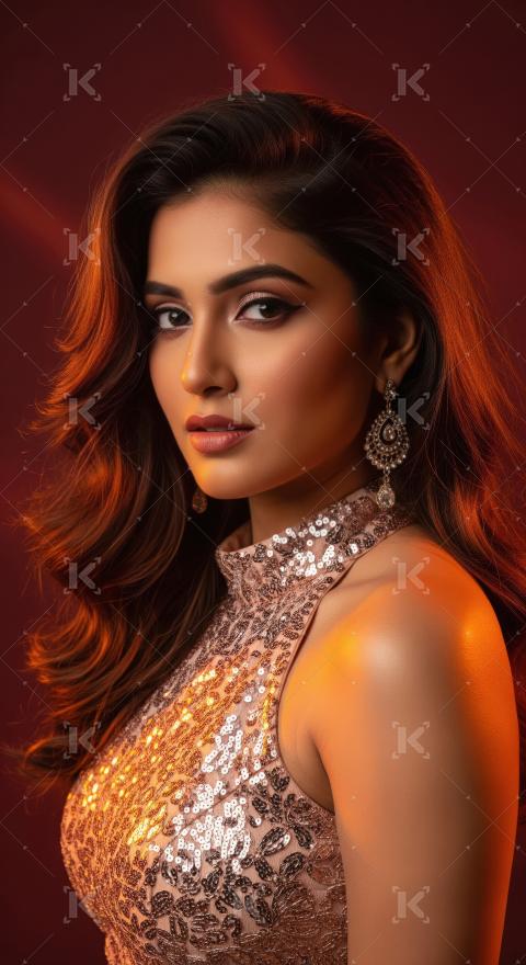 Beautiful Indian Woman in Elegant Sequined Dress Portrait