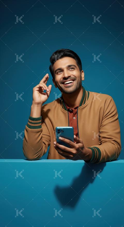 Happy Young Man Looking Up, Holding Phone, Feeling Inspired