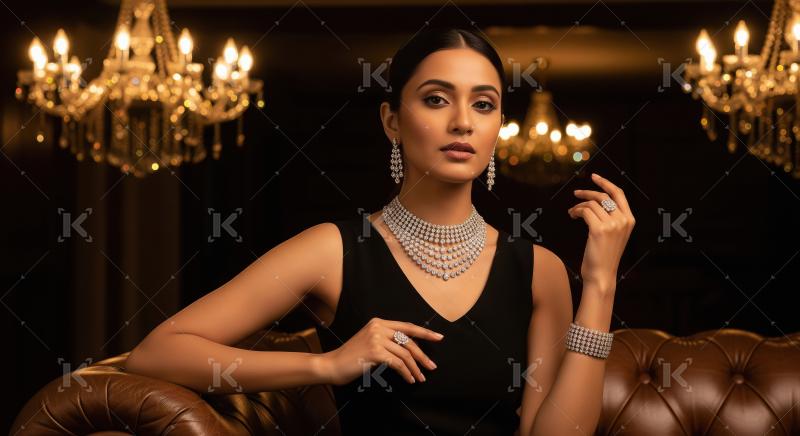 Glamorous Woman Posing with Stunning Diamond Jewelry Collection