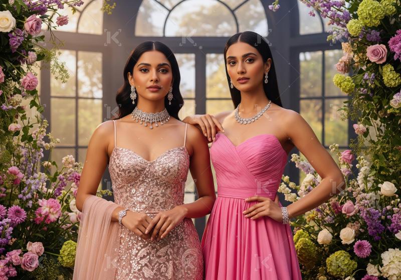 Two Elegant Women in Glamorous Dresses and Diamond Jewelry