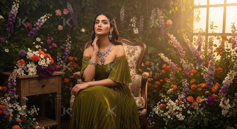 Elegant Woman in Lush Floral Setting with Exquisite Diamond Jewe