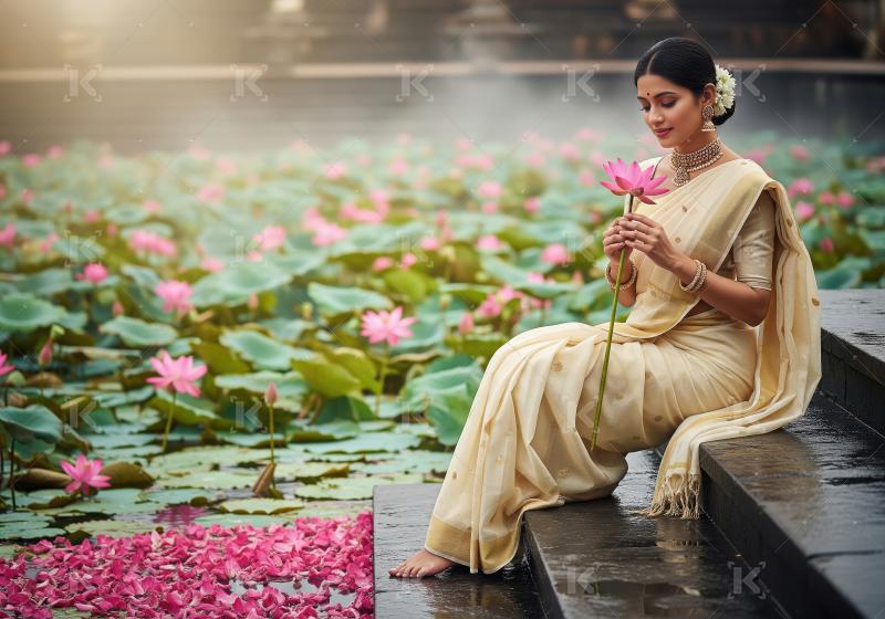 Serene Indian Woman with Pink Lotus in Tranquil Pond