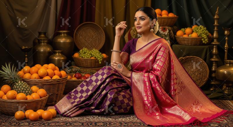 Indian Woman in Silk Saree with Traditional Fruits and Decor