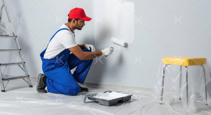 Professional Man Painting a Wall White During Home Renovation