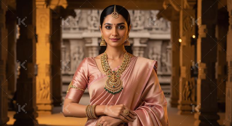 Elegant Indian Woman in Saree and Exquisite Gold Temple Jewelry