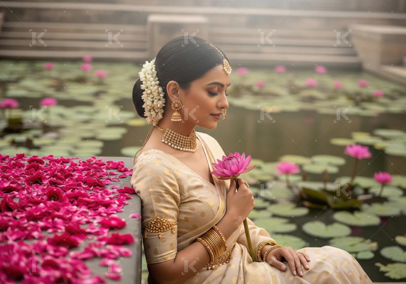 Elegant Indian Woman Adorned in Gold Jewelry with Pink Lotus