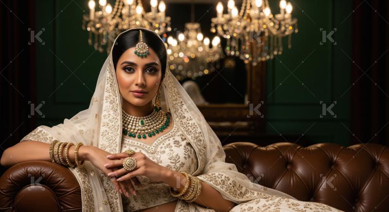 Elegant Indian Bride Adorned in Traditional Jewels on Luxurious