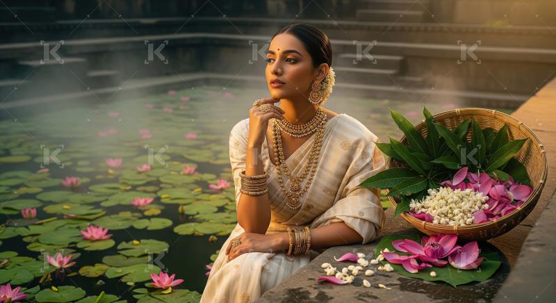 Elegant Indian Woman Adorned in Gold Jewelry by Lotus Pond