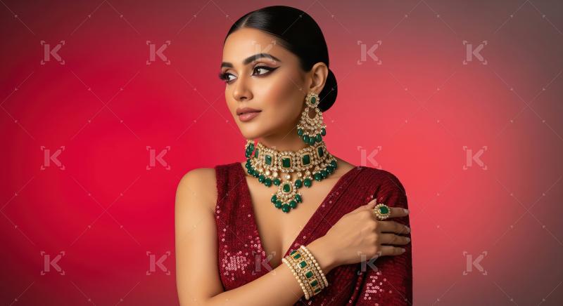 Elegant Woman Adorned in Emerald and Gold Indian Jewelry