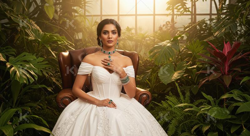 Regal Woman Adorned in Emeralds Amidst a Vibrant Botanical Setti