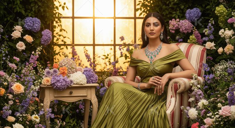 Elegant Woman in Emeralds Amidst a Lush Floral Garden