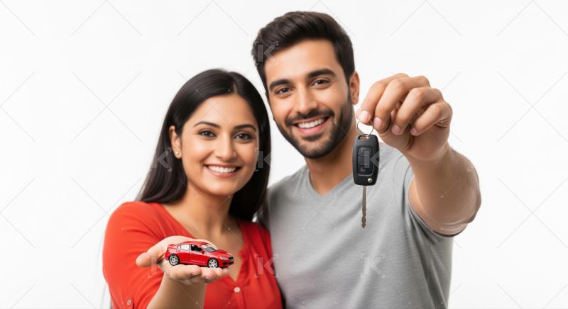 Joyful Indian couple proudly displays new car keys and toy.