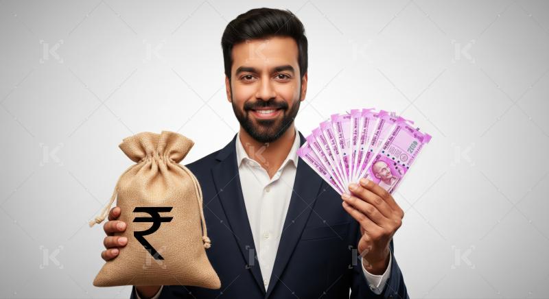 Smiling man showing Indian currency and a bag of money.