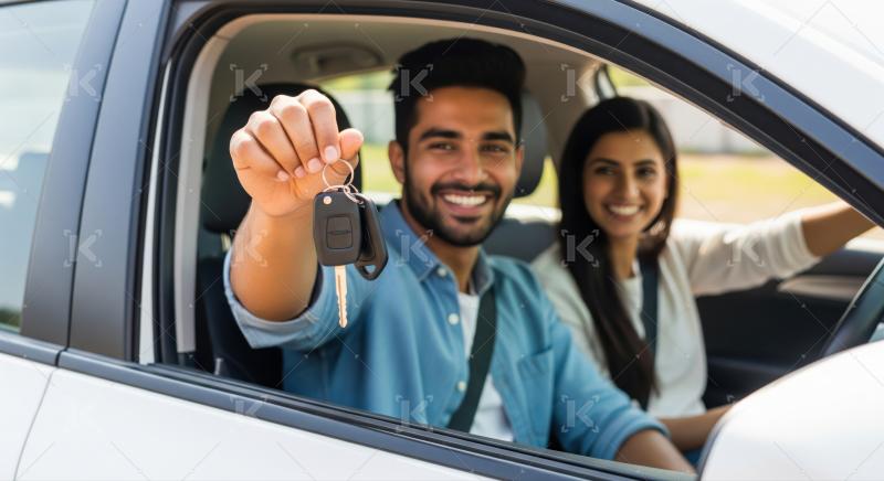 Happy Indian couple smiling, showing new car keys inside.
