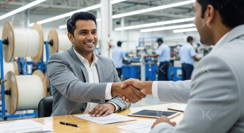 Two businessmen finalize a significant agreement in a bustling modern factory.