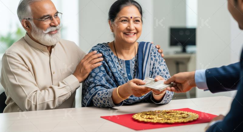 Elderly Indian couple smiling while exchanging money with a financial professional.