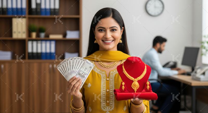 Happy woman proudly displaying valuable gold jewelry and currency notes.