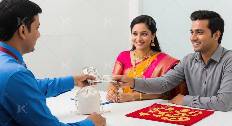 Happy Indian couple processing gold loan with financial advisor.