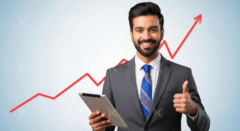 Smiling Indian professional demonstrating business growth with modern technology.