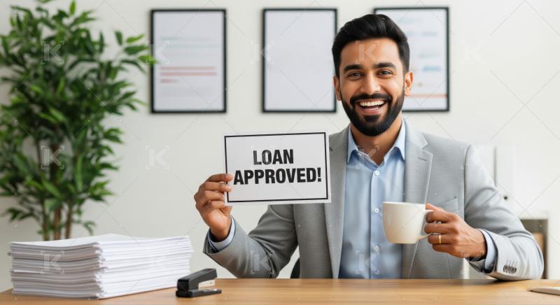 Smiling businessman celebrates loan approval with sign and coffee.