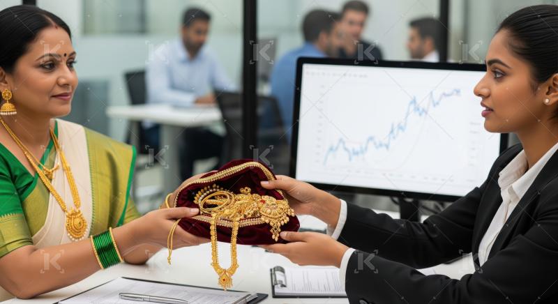 Client exchanges precious gold ornaments with professional financial advisor.