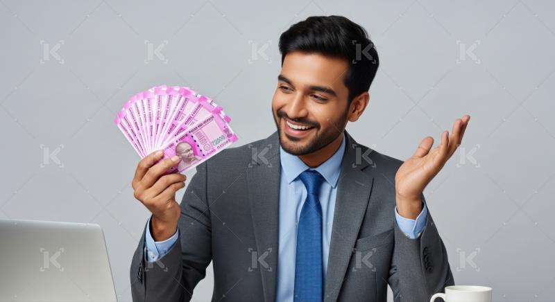 Happy businessman holding new 2000 Indian Rupee currency notes.