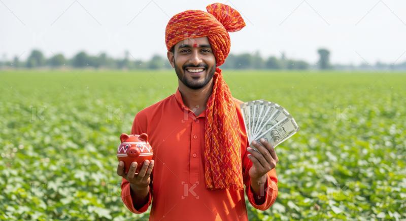 Joyful Indian farmer proudly displays savings and earned money.