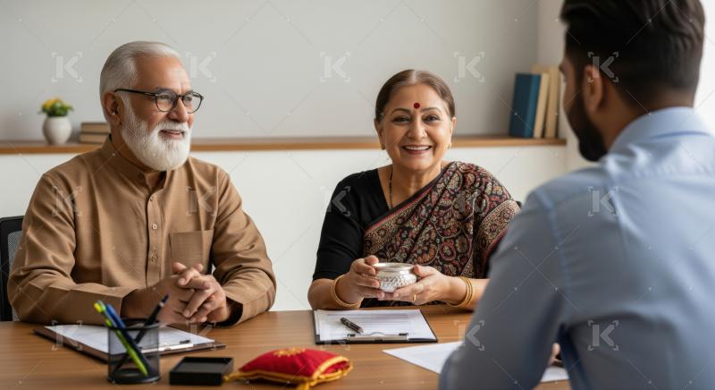 Elderly Indian couple smiles, discussing future plans with financial advisor.