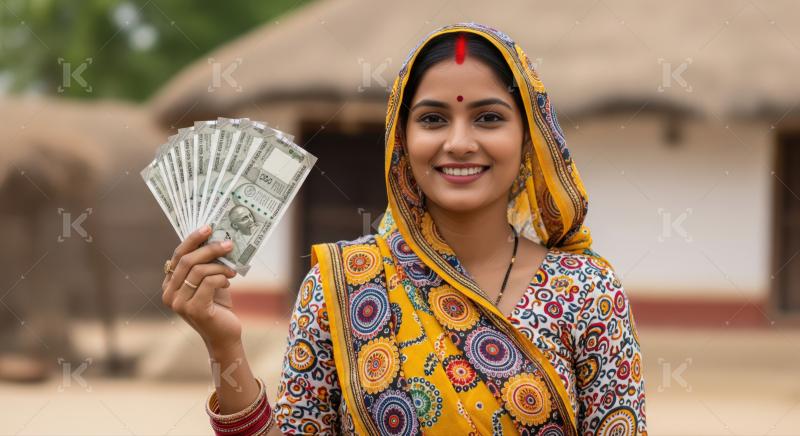 Young Indian woman happily displaying cash, symbolizing prosperity and growth.