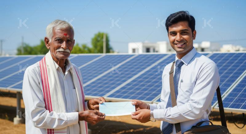 Businessman provides bank check supporting rural renewable energy development.