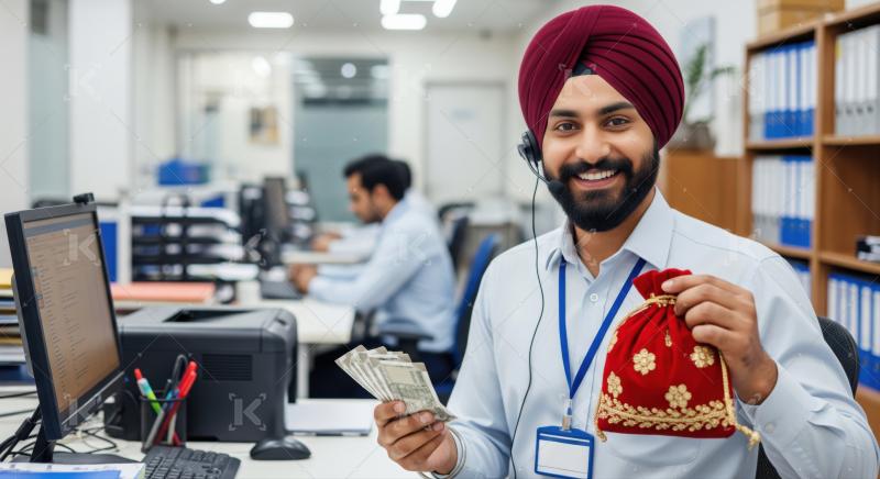 Happy Indian man presents money and a festive bag.